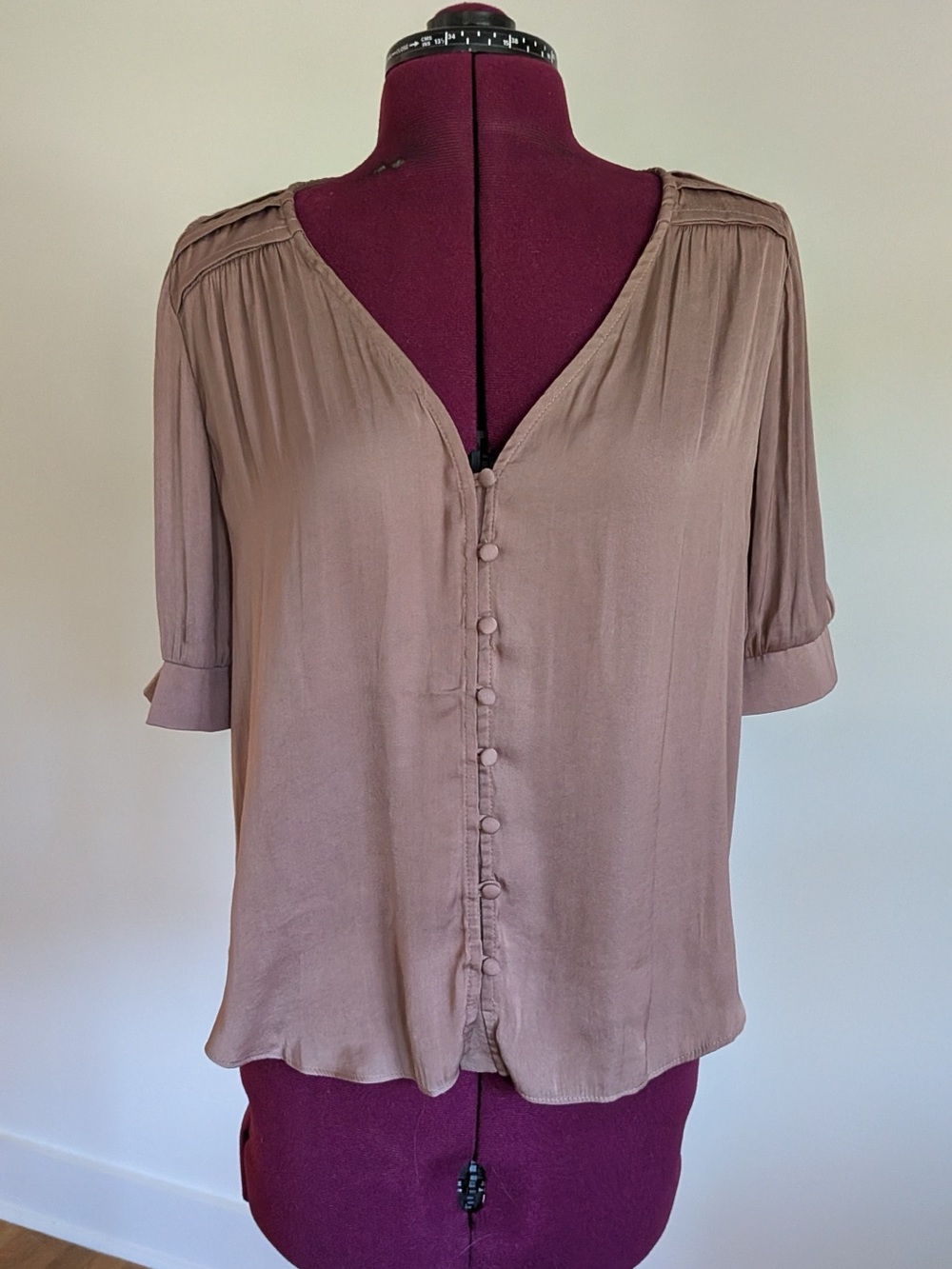 Evereve Mauve Button-Front V-Neck Blouse Silk